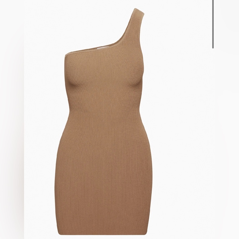 Babaton | Aritzia Sculpt Knit One-shoulder mini bodycon Dress gold brown XS - Picture 12 of 12